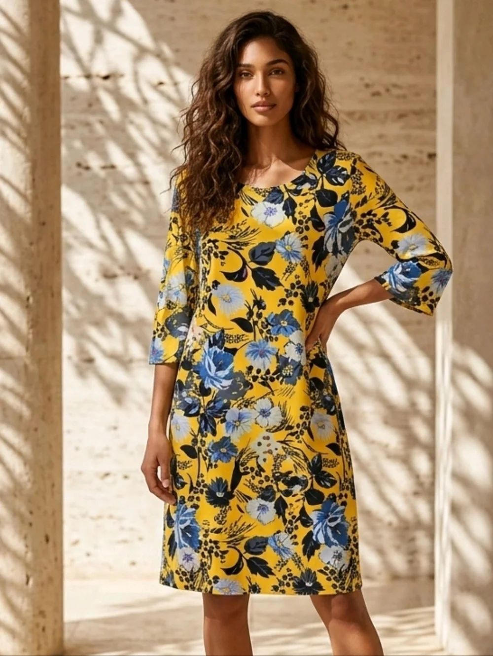 Alexandra & Oak Floral Dress Large Yellow Jersey Knit Sheath Work Dress